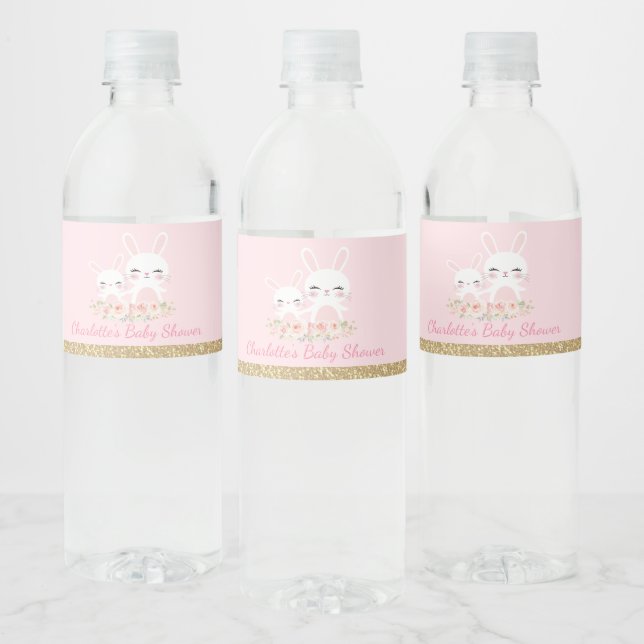 Cute Pink Gold Bunny Baby Shower Rabbit Party Water Bottle Label (Bottles)
