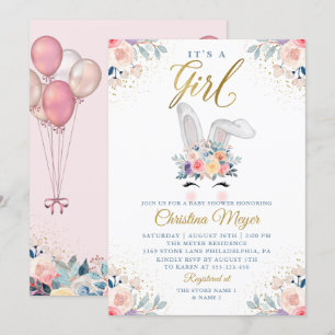 Cute Pink Gold Bunny Floral Balloon Baby Shower Invitation