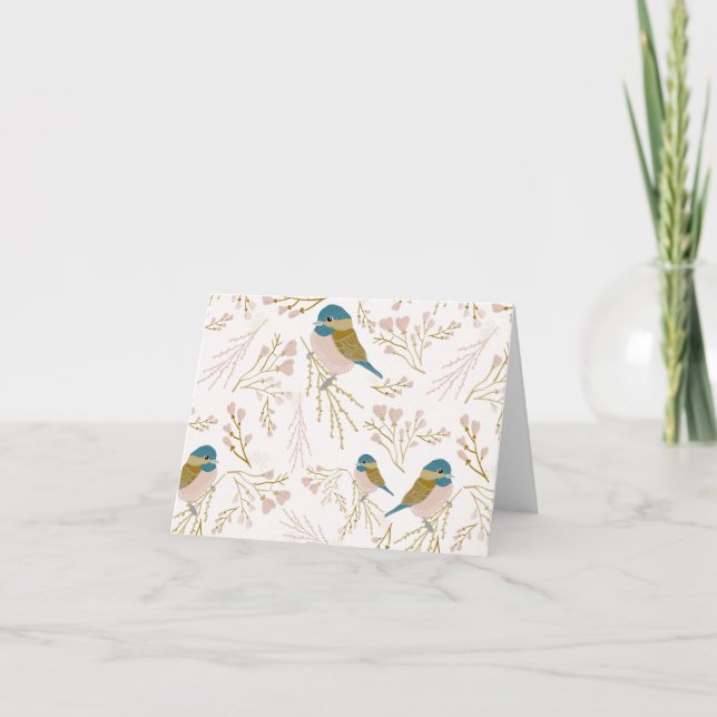 Cute Pink Gold Chickadee Bird Floral Hearts Thank You Card (Front)