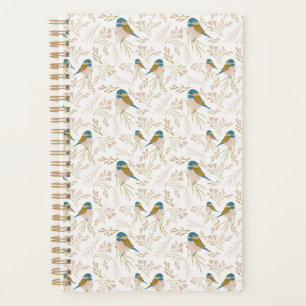 Cute Pink Gold Chickadee Bird Floral HeartsPrint Planner