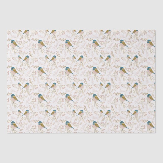 Cute Pink Gold Chickadee Hearts Floral Print Tissue Paper (Front)
