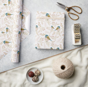 Cute Pink Gold Chickadee Hearts Floral Print Wrapping Paper