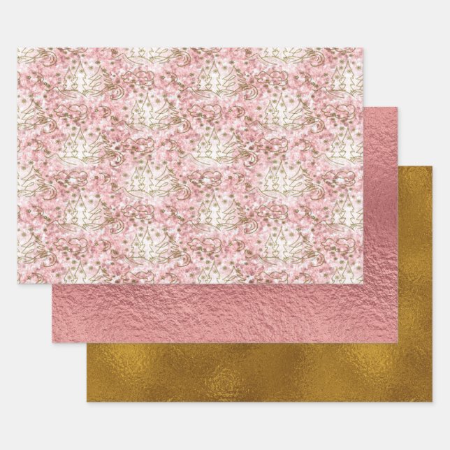 Cute Pink/Gold Christmas Pattern Wrapping Paper Sheet (Set)
