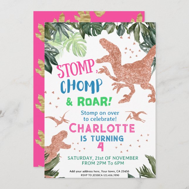 Cute Pink Gold Dinosaur Birthday Party Invitation (Front/Back)