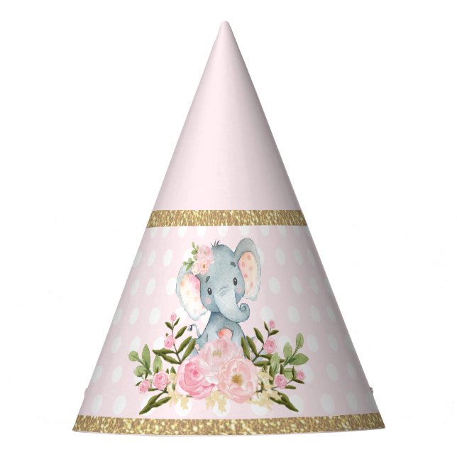 Cute Pink Gold Elephant 1st Birthday Favours Party Hat (Front)