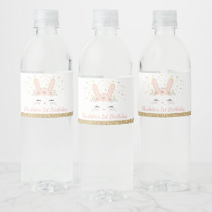 Cute Pink Gold Floral Bunny Rabbit Party Favours Water Bottle Label