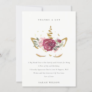 Cute Pink Gold Floral Unicorn Any Age Birthday Thank You Card