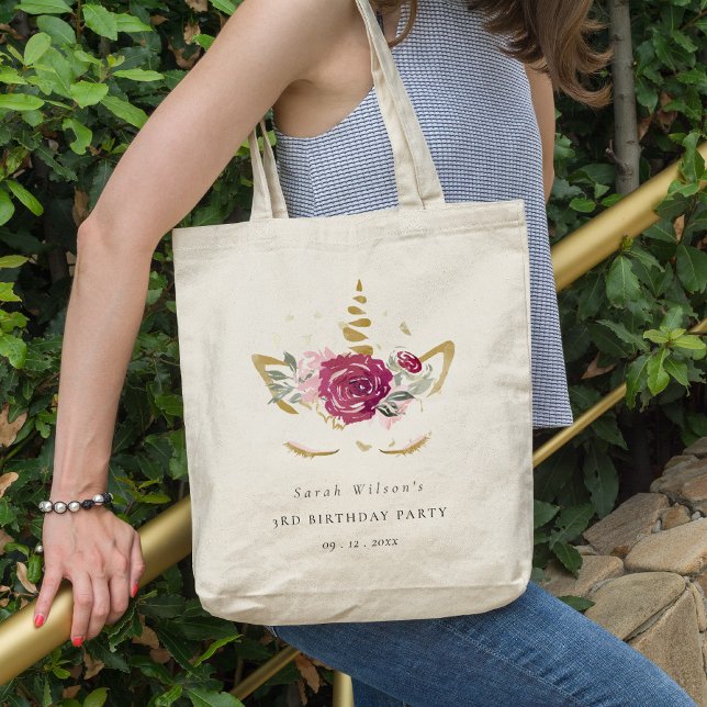 Cute Pink Gold Floral Unicorn Any Age Birthday Tote Bag (Creator Uploaded)