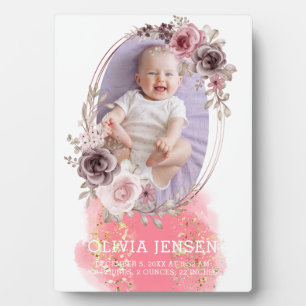Cute Pink Gold Floral Watercolor Baby Birth Stats  Plaque