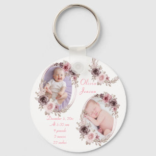 Cute Pink Gold Floral Watercolor Baby Girl Photo Keychain