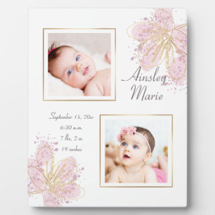 Cute Pink Gold Floral Watercolor Baby Girl Photo Plaque