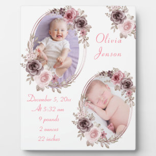 Cute Pink Gold Floral Watercolor Baby Girl Photo  Plaque