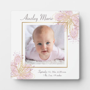 Cute Pink Gold Floral Watercolor Baby Girl Photo Plaque