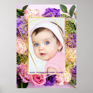 Cute Pink Gold Floral Watercolor Baby Girl Photo  Poster