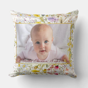 Cute Pink gold Floral Watercolor Baby Girl Photo Throw Pillow