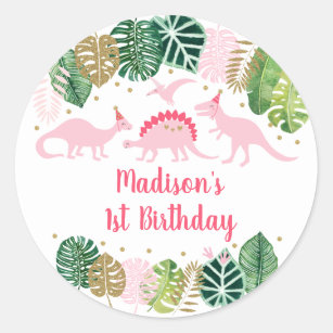 Cute Pink & Gold Girl Dinosaur Birthday Classic Round Sticker