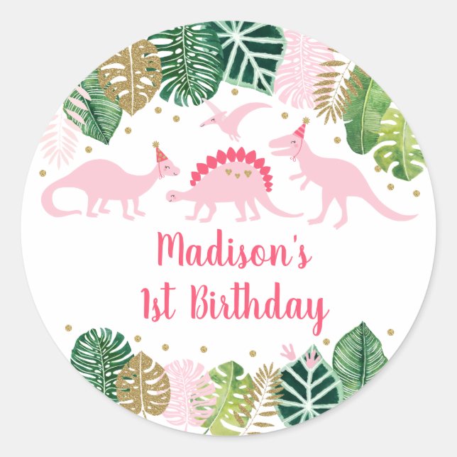 Cute Pink & Gold Girl Dinosaur Birthday Classic Round Sticker (Front)