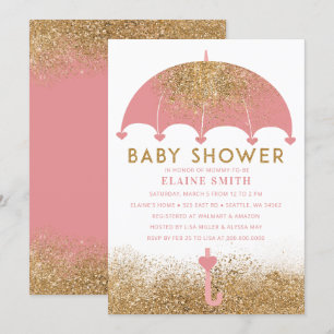 Cute Pink Gold Glitter Umbrella Baby Shower  Invitation