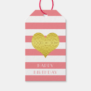Cute Pink Gold Heart Happy Birthday Gift Tags