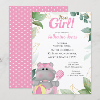 Cute Pink Gold Hippo Baby Shower  Invitation