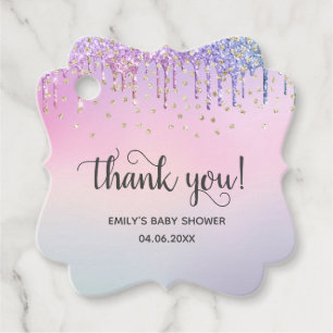Cute Pink & Gold Rainbow Glitter Drips Baby Shower Favour Tags
