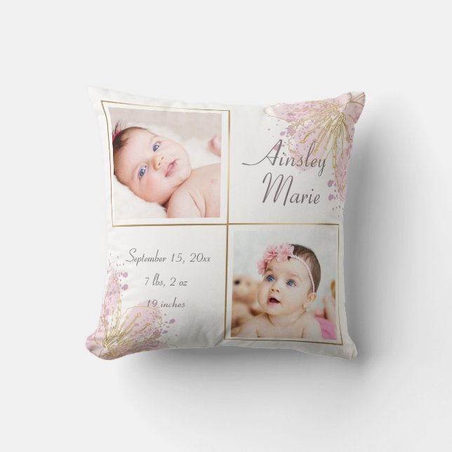 Cute Pink Gold Two Photo Baby Girl Birth Stats Throw Pillow (Front)