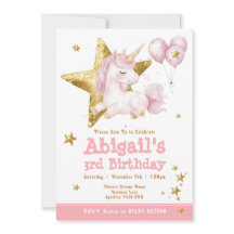 Cute Pink Gold Unicorn Girls Birthday Invitation