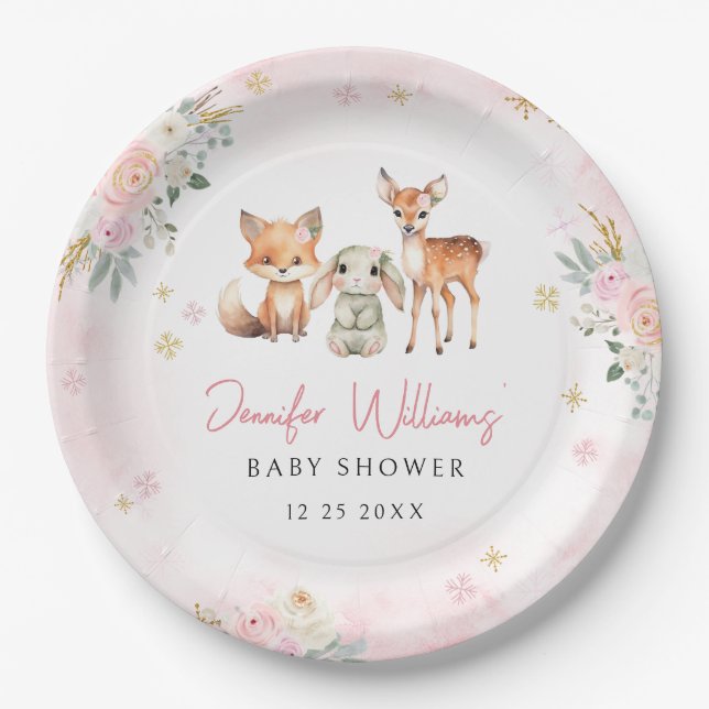 Cute pink gold winter baby shower paper plates (Front)