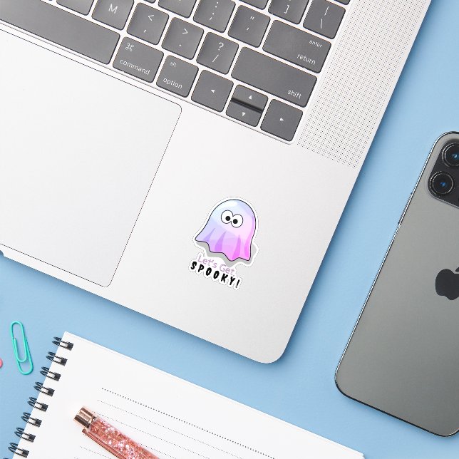 Cute Pink Google Eyes Ghost: Spooky & Whimsical  (Laptop w/ iPhone)