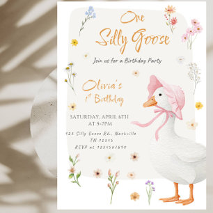 Cute Pink Goose First Birthday Party Invitation