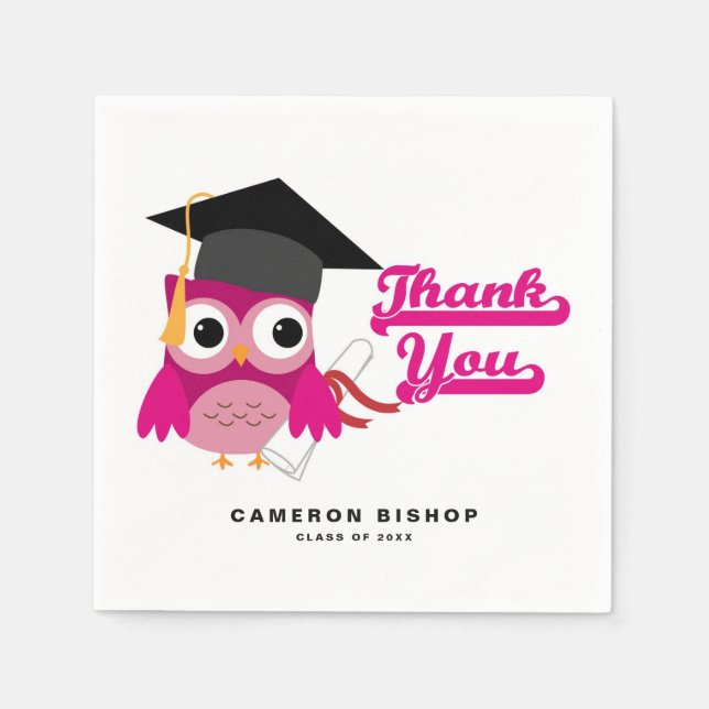 Cute Pink Graduate Owl Graduation Thank You Napkin (Front)