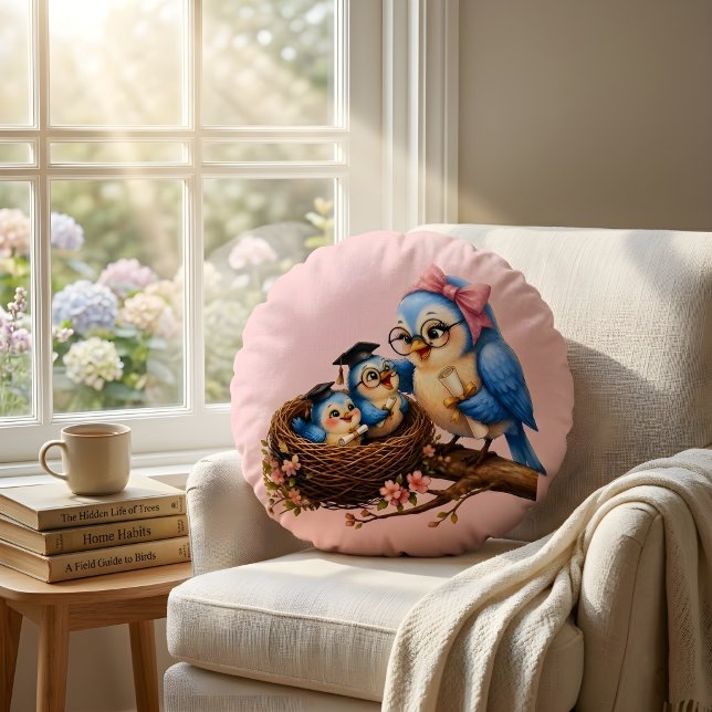 Cute Pink Graduation Bird Round Pillow (Creator Uploaded)