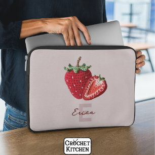 Cute Pink Granny Chic Crochet Strawberry Monogram Laptop Sleeve