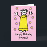 Cute Pink Granny Waving Funny Cartoon Birthday Card<br><div class="desc">Cute cartoon of a happy smiling grandmother surrounded by flowers and waving. Card has a pink background but it's easy to edit this to a different colour or a nice minimal white. Easily personalise this card by editing the template text on the front and inside. Thanks for viewing my designs!...</div>