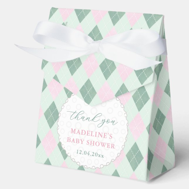 Cute Pink Green Argyle Print Golf Baby Shower Favor Box (Front)