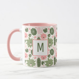 Cute Pink Green Cactus Succulents With Monogram Mug