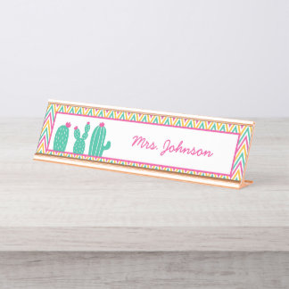 Cute Pink Green Chevron Pattern Cactus Teacher Desk Name Plate