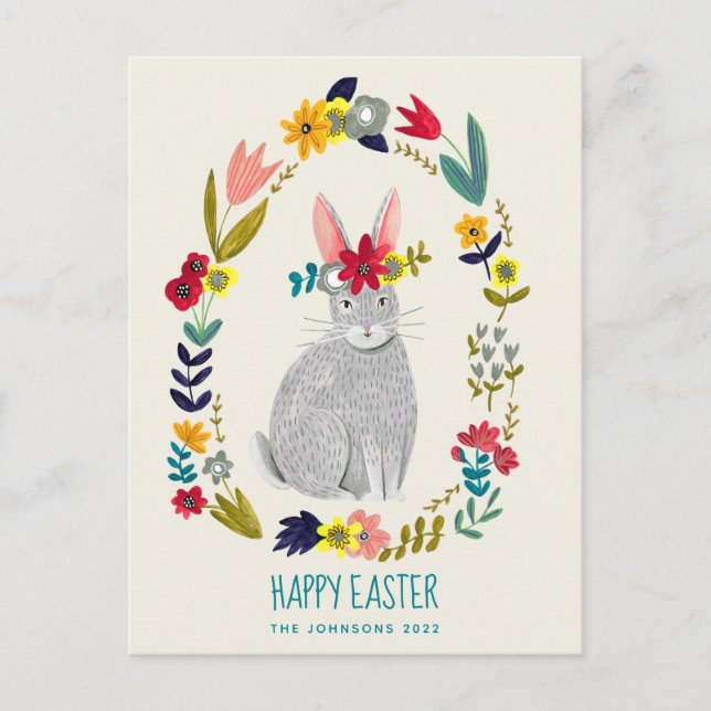 Cute pink & green easter rabbit bunny floral card (Front)