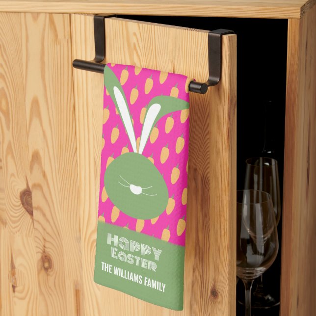Cute Pink Green Happy Easter Bunny And Carrots Kitchen Towel (Thirds Fold)