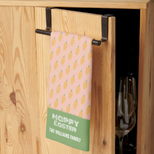 Cute Pink Green Happy Easter Carrots Kitchen Towel