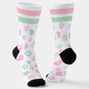 Cute Pink & Green Heart and Paw Print Pattern  Socks