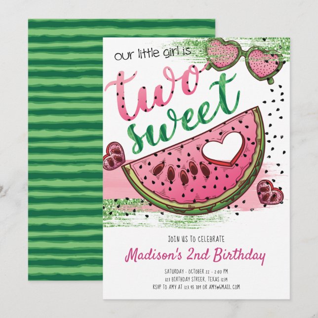 Cute Pink Green One In A Melon 2nd Birthday Invitation (Front/Back)