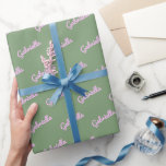 Cute Pink Green Personalized Script Name   Wrapping Paper<br><div class="desc">This cute wrapping paper features a colourful pattern of your name in modern cursive writing in pink and green.</div>