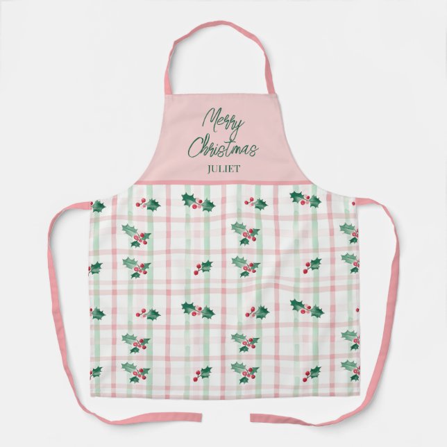 Cute Pink Green Retro Christmas Apron (Front)