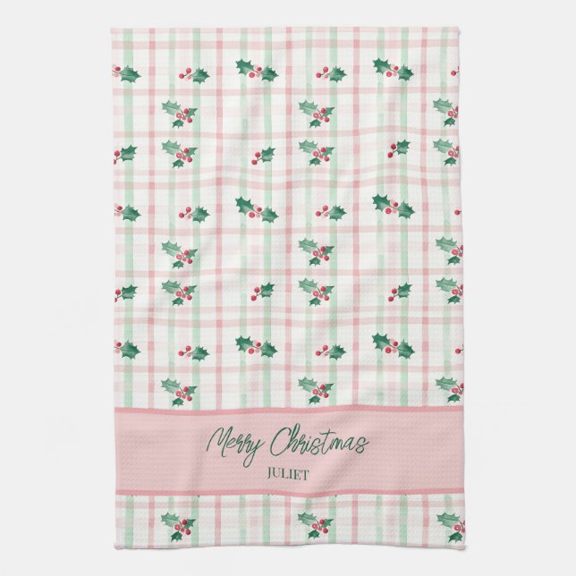 Cute Pink Green Retro Christmas Kitchen Towel (Vertical)
