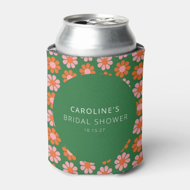 Cute Pink Green Retro Flowers Bridal Shower Custom Can Cooler (Can Front)