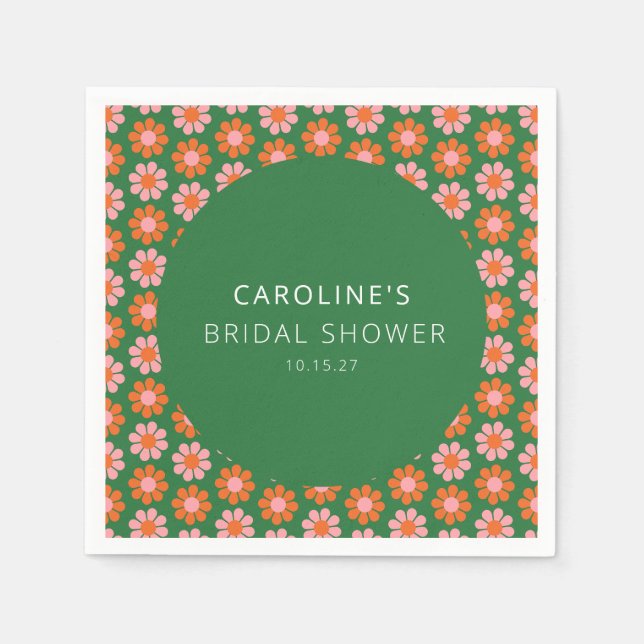 Cute Pink Green Retro Flowers Bridal Shower Custom Napkin (Front)