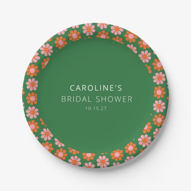 Cute Pink Green Retro Flowers Bridal Shower Custom Paper Plate (Front)