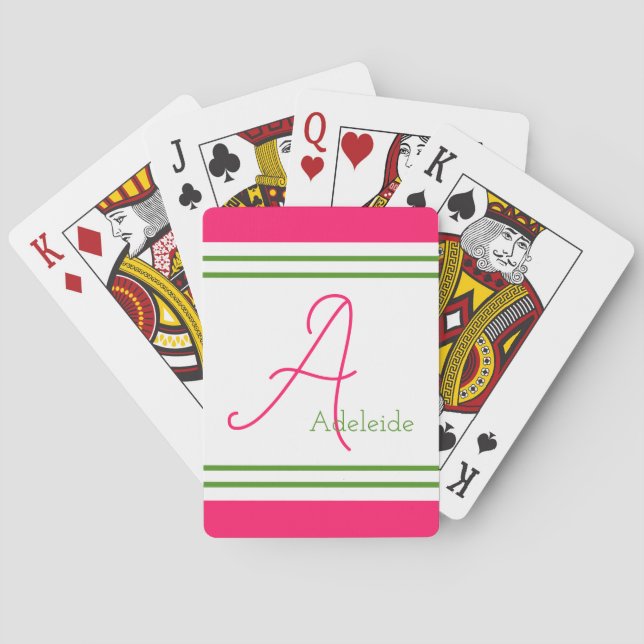 Cute Pink & Green Stripes Personalized Playing Cards (Back)