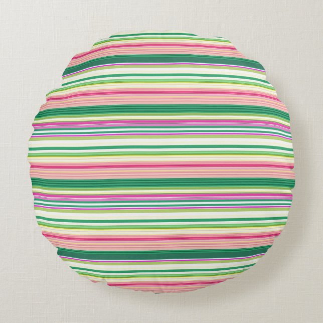 Cute pink green stripes round pillow (Front)